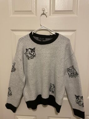 Gray Cat Pattern Sweater with Black Trim